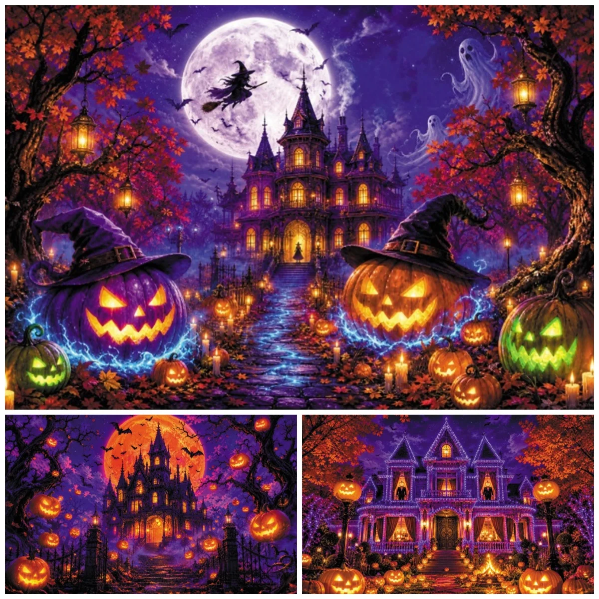 Halloween Night Witches Party Background Photography Scary Pumpkin Castle Moon Bat Backdrop Kids Birthday Photo Studio Props