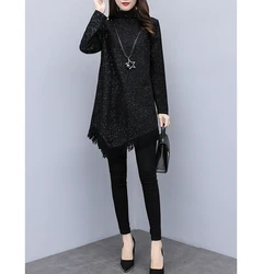 Spring Autumn New Tassel Patchwork Solid T Shirt Tops Long Sleeve Black Irregular Loose Pullovers Fashion Vintage Women Clothing