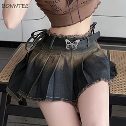 Denim Skirt Women Retro Pleated Mini Sexy All-match Hotsweet Korean Fashion High Street Y2k Streetwear Lace-up Frayed Chic Girl