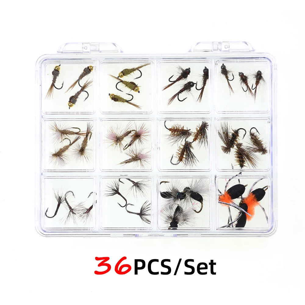 

Набор из 36 нахлыстовых мушек для начинающих: Beadhead Hare's Ear, Pheasant Tail, Nymph Parachute, Adams, Elk Hair Dry Fly