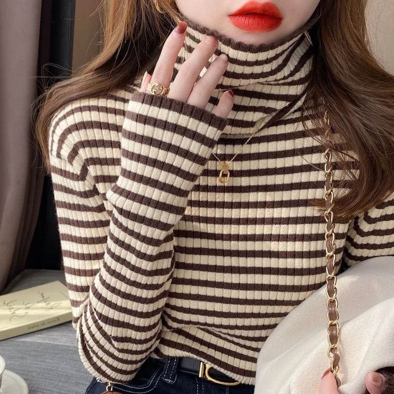 Camisa de punto a rayas con cuello alto de manga larga para mujer, jersey, suéter, Tops, camisas ajustadas de punto elástico para primavera y otoño