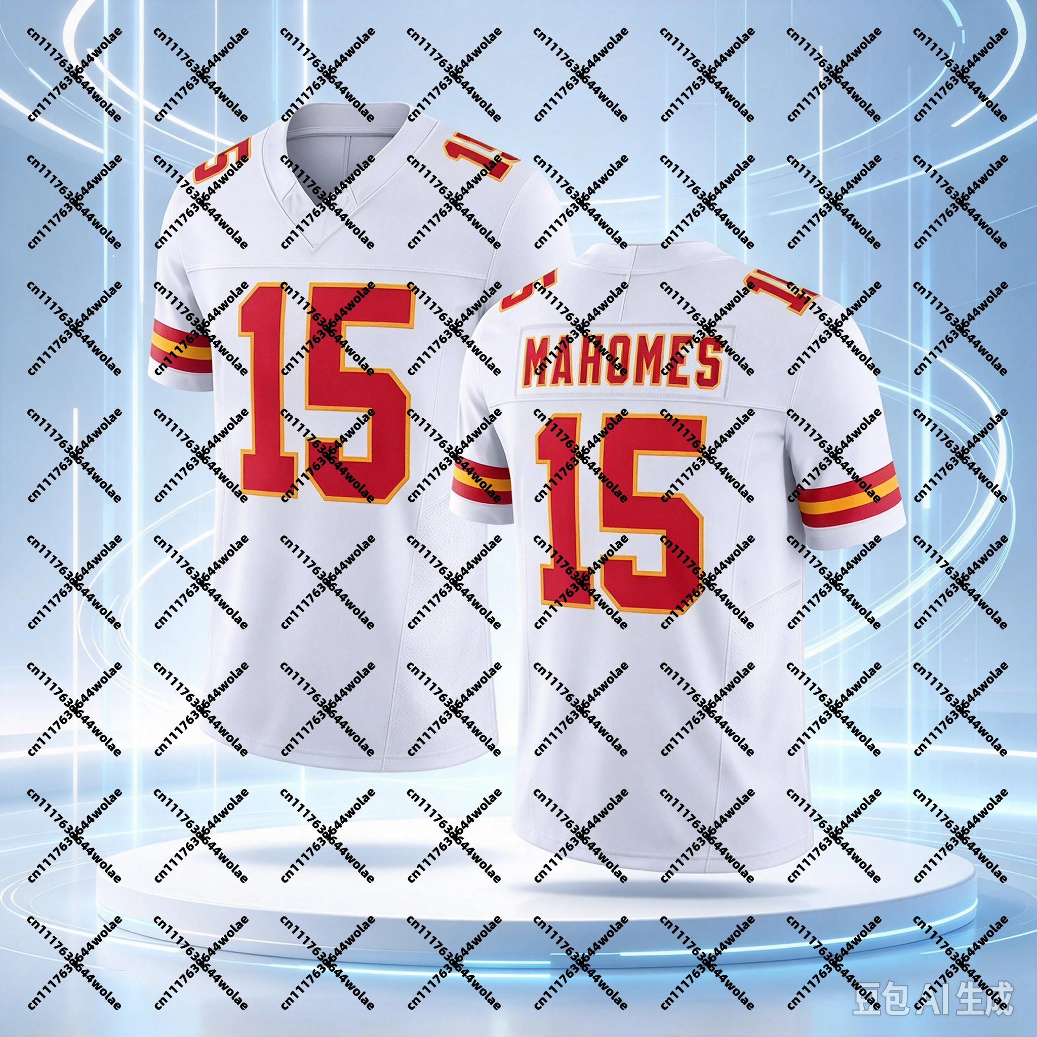 New  Men 15 Red Home Football Jersey Red Gold Striped Cuff V Neck Short Sleeve Breathable Fan Sports Family Matching