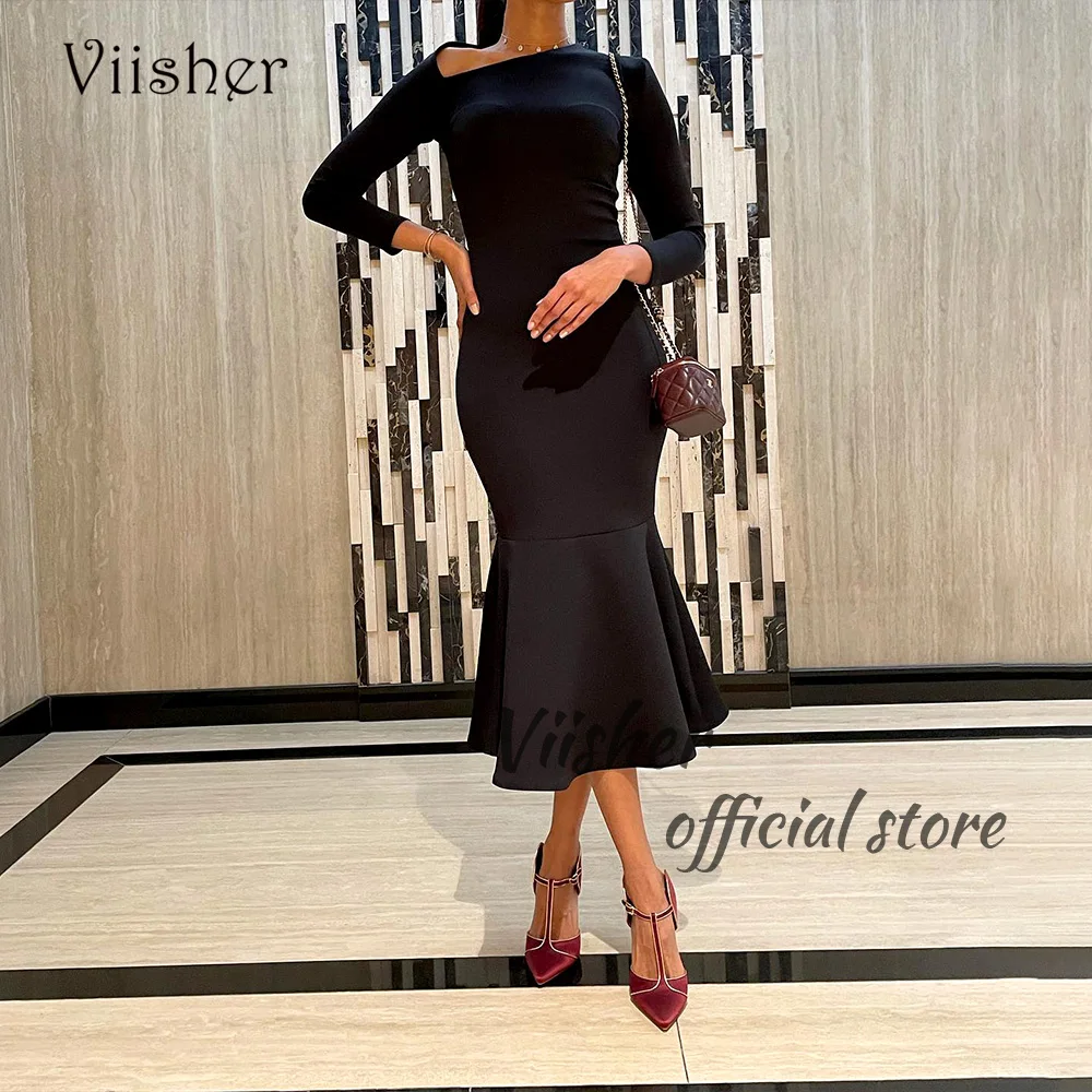 

Viisher Black Satin Mermaid Evening Dresses Long Sleeve Tight Bodycon Dubai Formal Dress Tea Length Prom Party Gowns