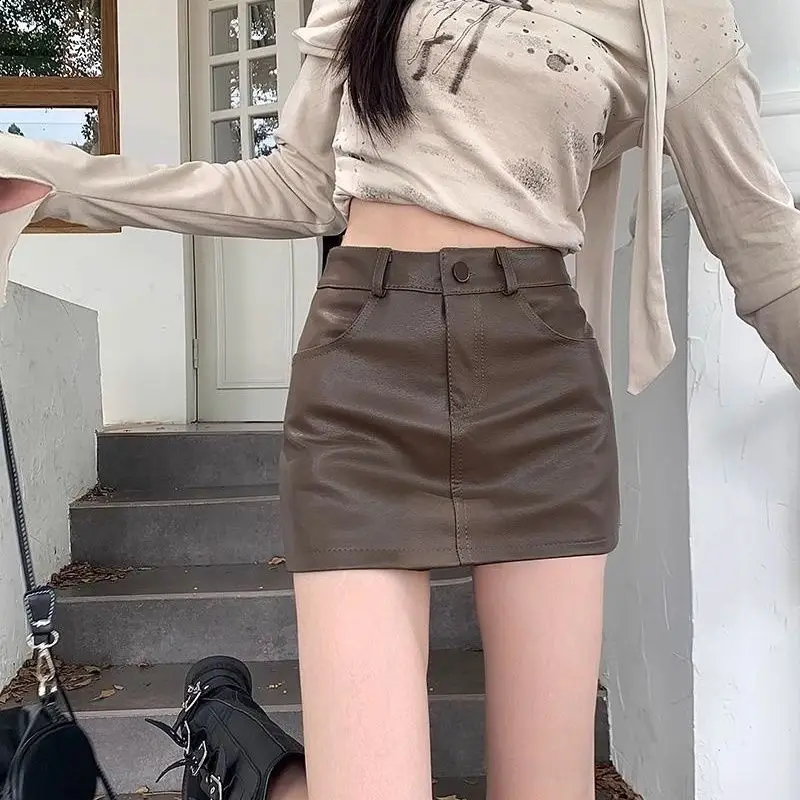 التنانير النسائية الجلدية موضة ألف خط الإمبراطورية الشعبية الكورية ربيع الخريف شيك بسيط كلوبوير Mujer الصلبة كل مباراة المؤنث عادية #1