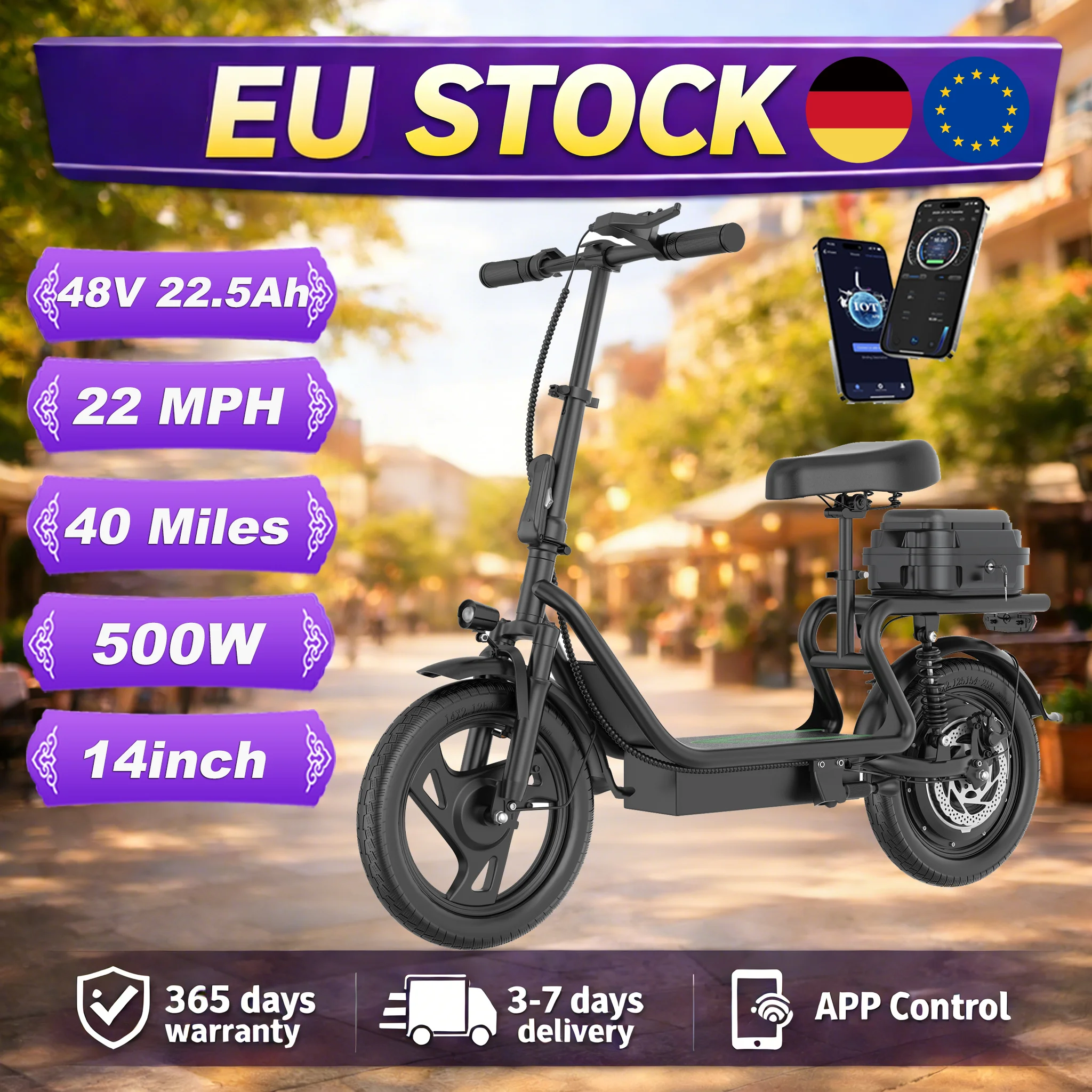 Trottinette électrique adulte EU 500W, batterie 48V 22.5Ah, pneus de 14 pouces, pliable, trottinette électrique de banlieue avec boîte de rangement, vitesse de 22 MPH, autonomie de 40 miles