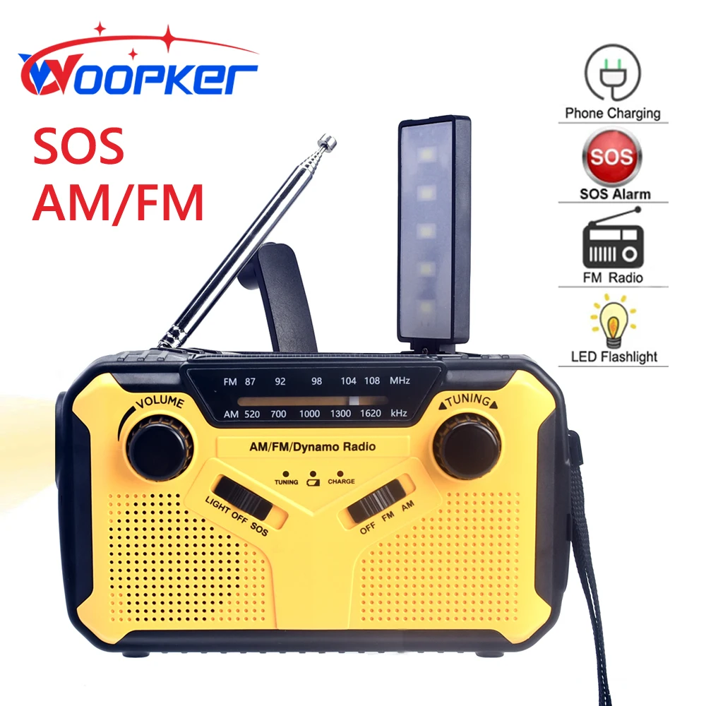 Woopker E09 Emergency Radio Output 5V/2A Support Solar Hand charging with Flashlight SOS Alarm Mobile Power AM/FM Portable Radio