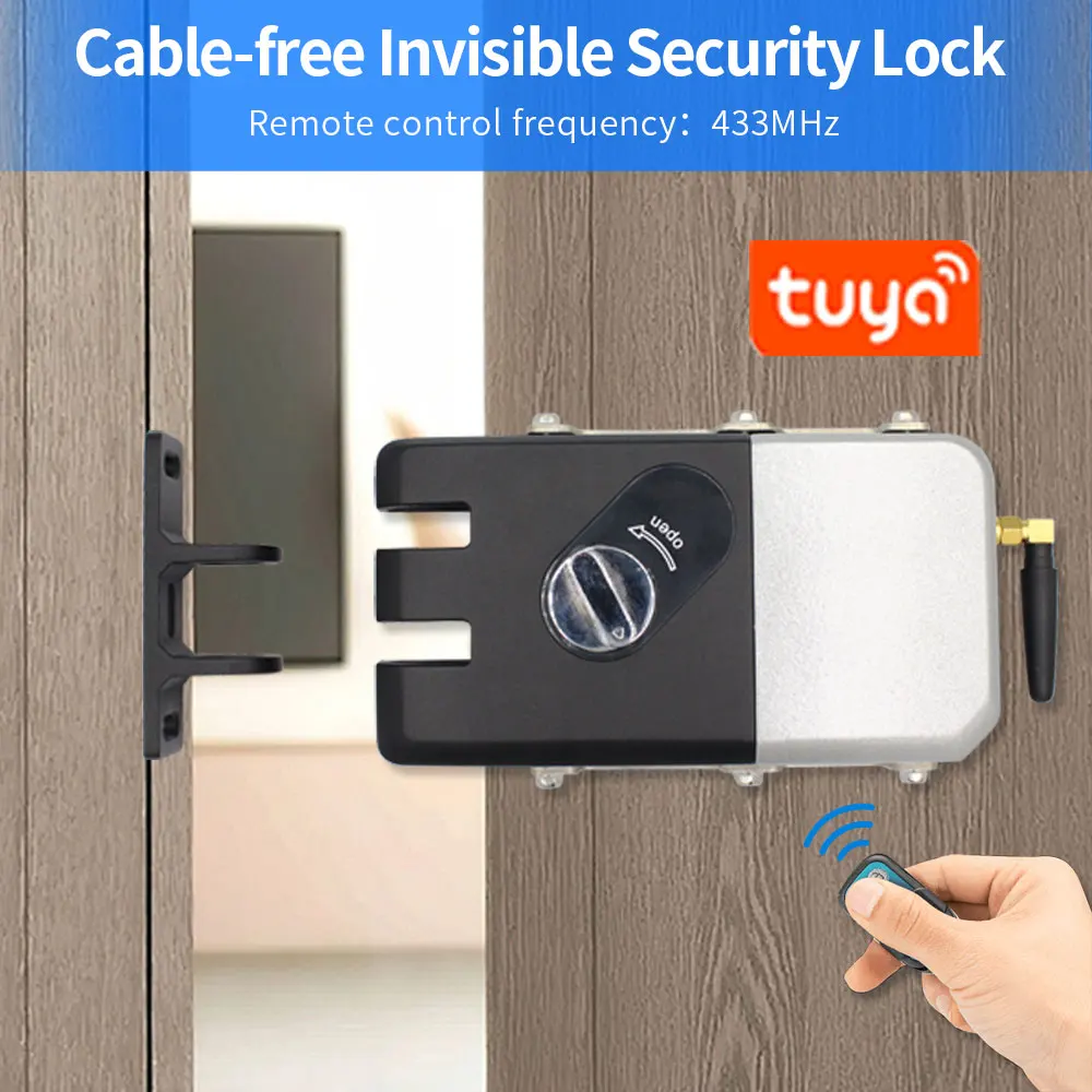 Tuya App Wireless Smart Door Lock with 433MHz Remote Security Hidden Anti-theft Motor Bolt Lock Keyless Entry fit WIFI Gateway