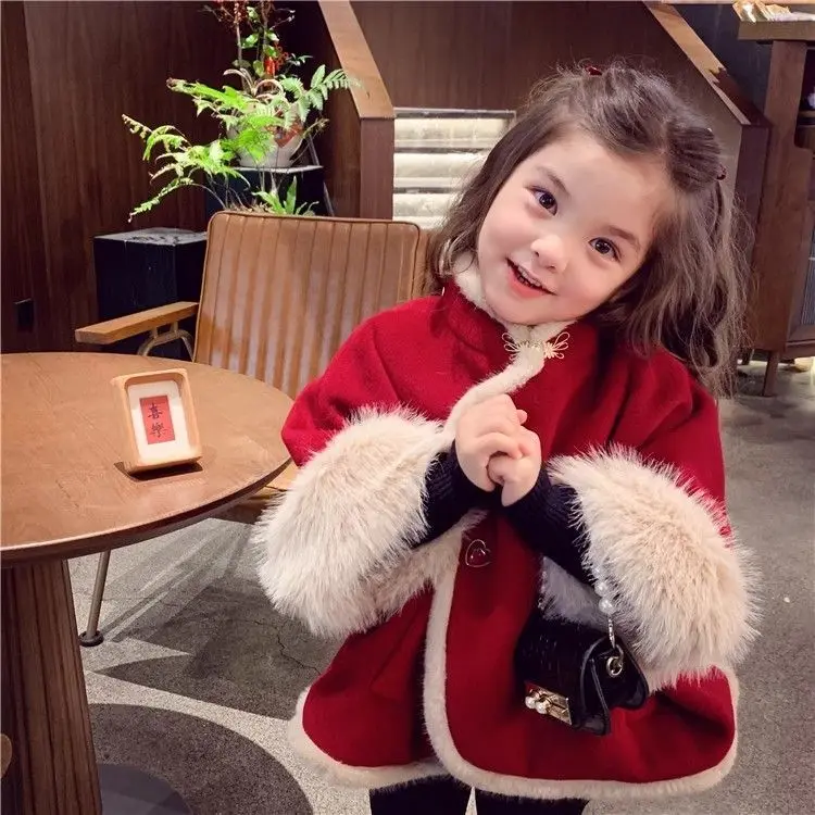 Girls Red Wool Cape Coat Winter Warm Loose Fleece Lined Tweed Outerwear for Kids Fashionable Comfortable Thickened New Style ﻿