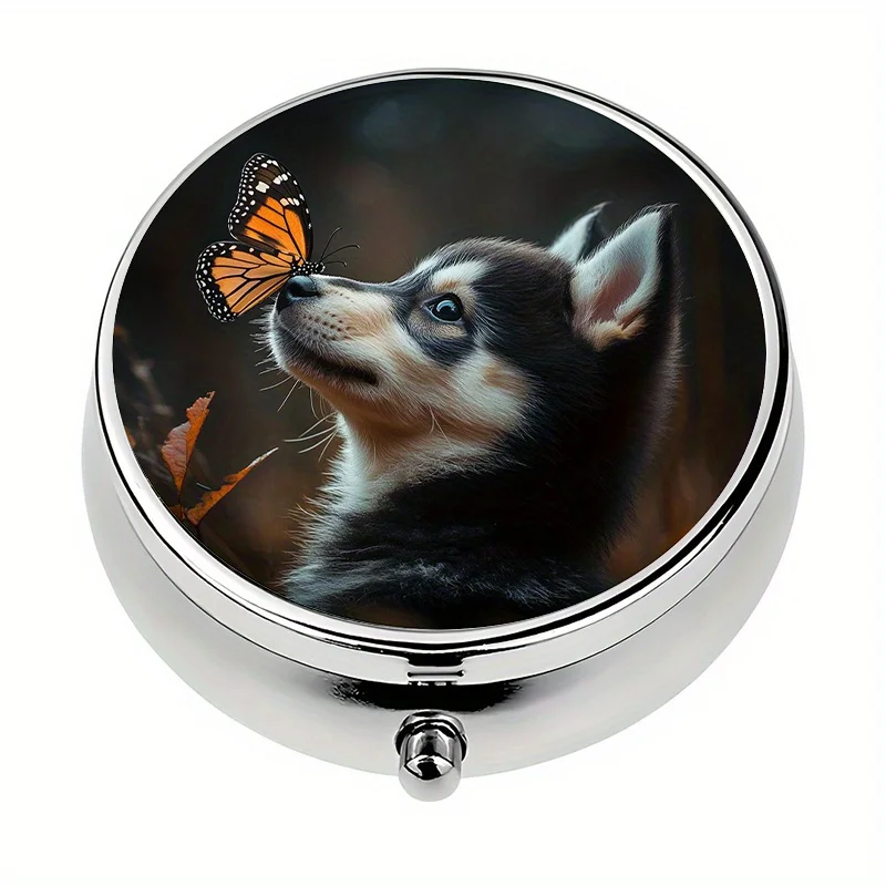 1 pill box, with 3 compartments, cute puppy and butterfly themed mini pill box, medicine storage box, perfect for travel and storing vitamins