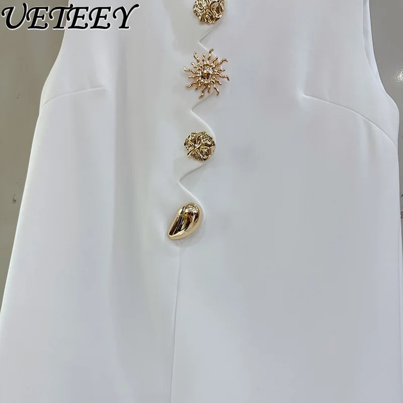 Nicho exquisito botón cuello redondo cintura alta adelgazante vestido sin mangas para mujeres elegante único nuevo estilo camiseta sin mangas vestidos cortos