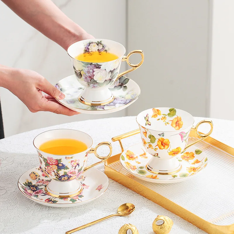 Bone porcelain coffee cups and plates, light luxury gold edged high legged black tea cups and plates