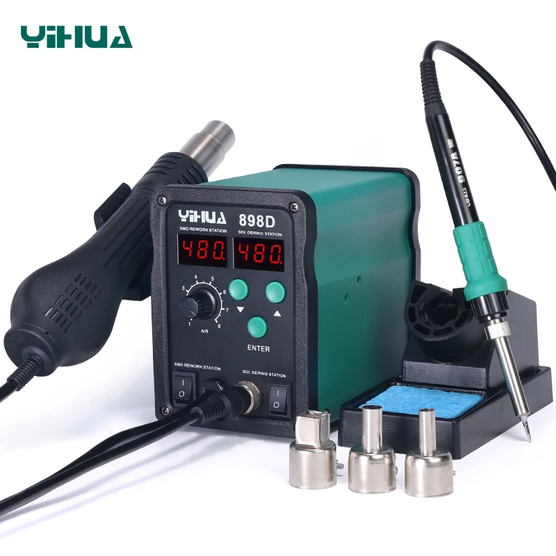 220V YIHUA 2 in 1 SMD Rework Soldering Station 898D-plus Hot Air Soldering Desoldering machine Lead-free