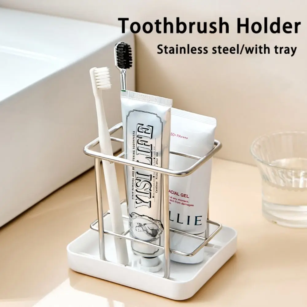 

Simple Stainless Steel Toothbrush Holder with Tray Multi-functional Washbasin Storage Rack Drainage Storage Box Home