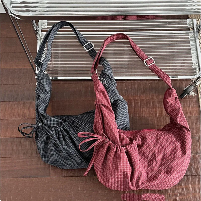 Koreanische karierte Hobo-Tasche mit Kordelzug, große Kapazität, Canvas-Umhängetasche, lässige Alltagstasche für Damen – Detail 2