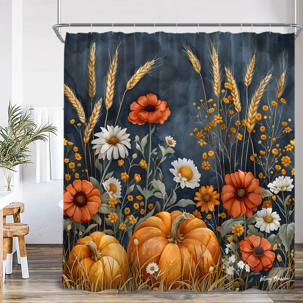Autumn Shower Curtain Highland Cow Harvest Season Pumpkin Sunflower Hello Fall Bathroom Decor Polyester Bath Curtain with Hook