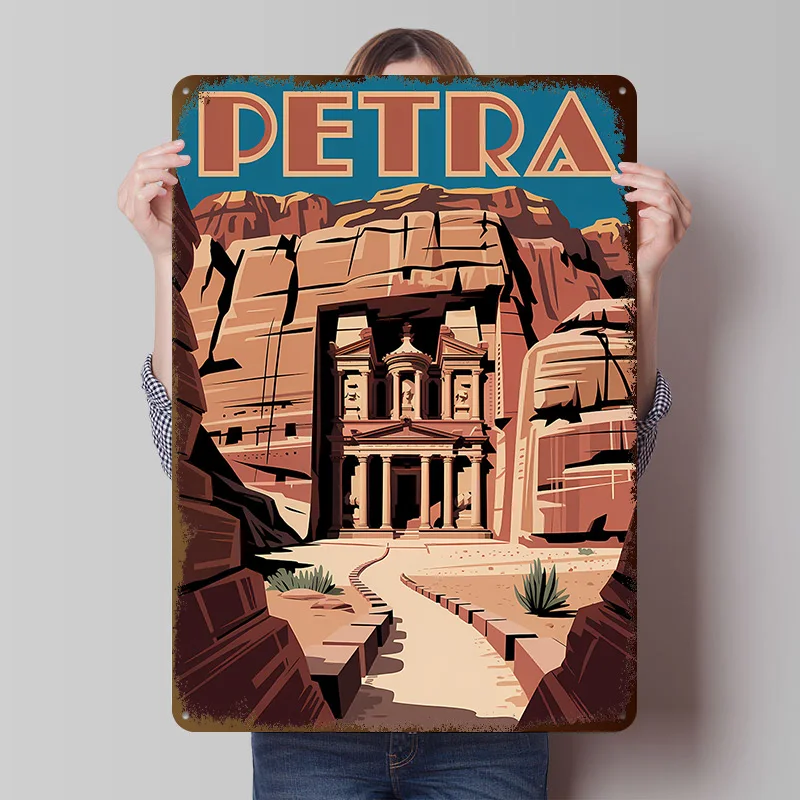 Petra Jordan Travel - Póster Metálico Personalizado, Arte de Pared Retro Vintage, Letreros de Hojalata para Decoración de Cuarto de Hombre, Decoración de Escritorio