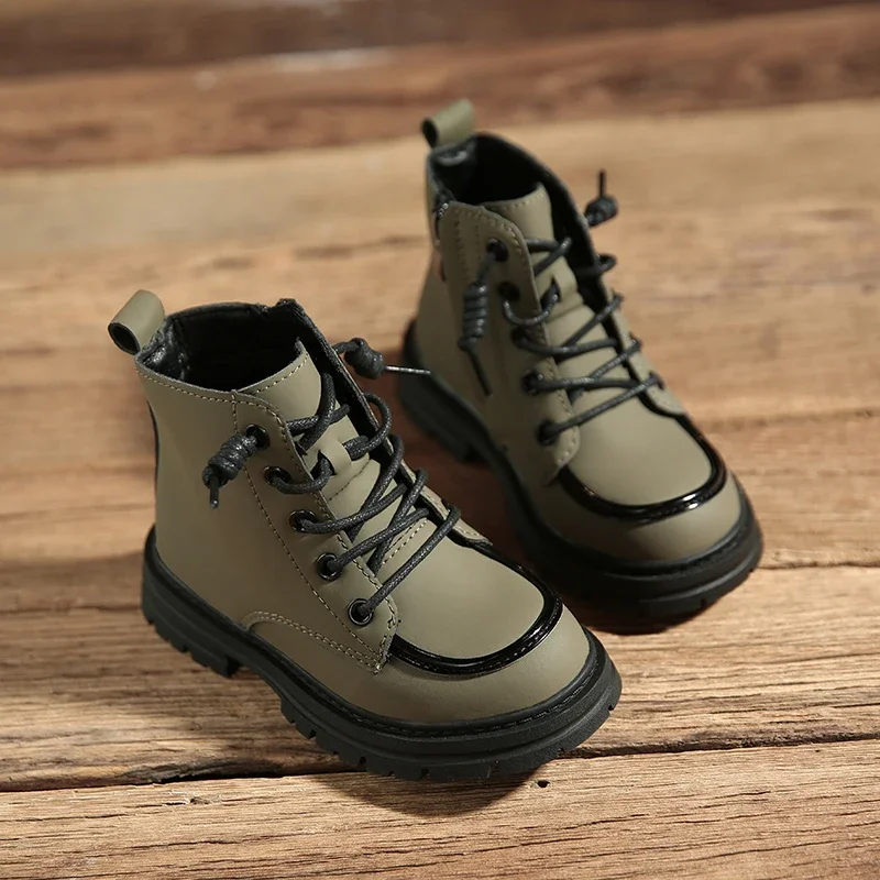 New Children Boots  soft leather Handsome Lace-up Trendy Kids Short Boot Matte PU Leather Anti-slip Unisex Boys Girls Shoes 아동구두