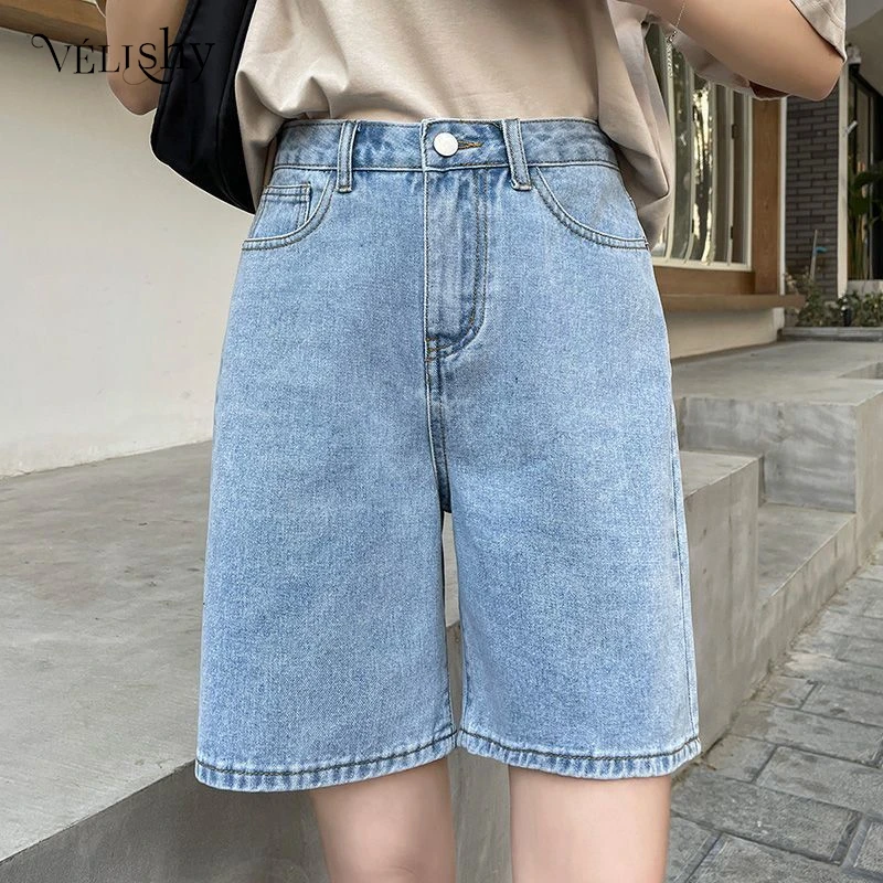 Retro Denim Shorts Women Summer High Waist Loose Wide Leg Straight Short Pants Versatile Casual Half Pants Female Streetwear