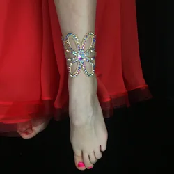 Crystal Belly Dance Anklet Bracelet Dress Accessories for Women Hollow Flower Rhinestone Foot Jewelry Performance Outfit Gifts