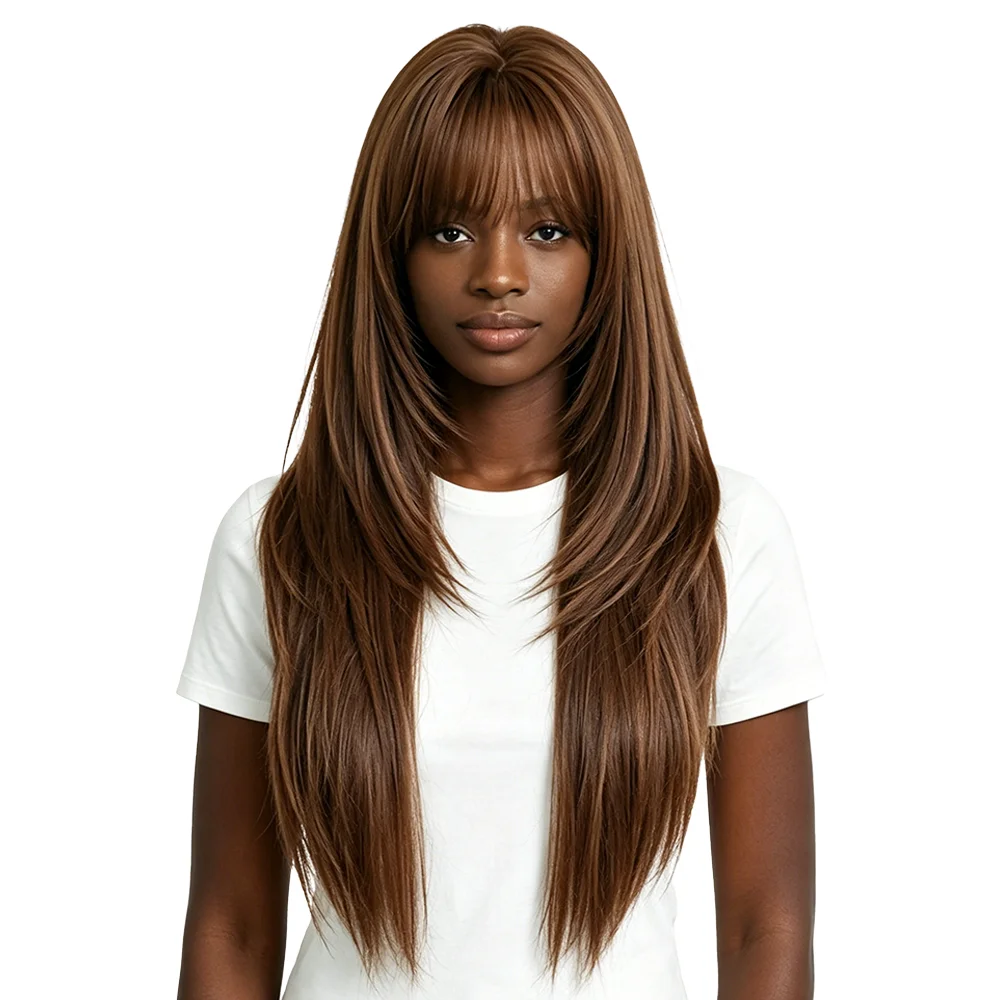 Black Women Chestnut Brown Long Layered Straight Wig Natural Soft Realistic Hairline Synthetic Wig with Bangs Daily Party Wear