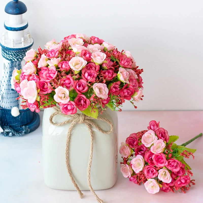 23cm Long Artificial Flower Bouquet 21 Diamond Rose 7 Branches Fake Flowers Home Wedding Decor For Bridal Bouquets