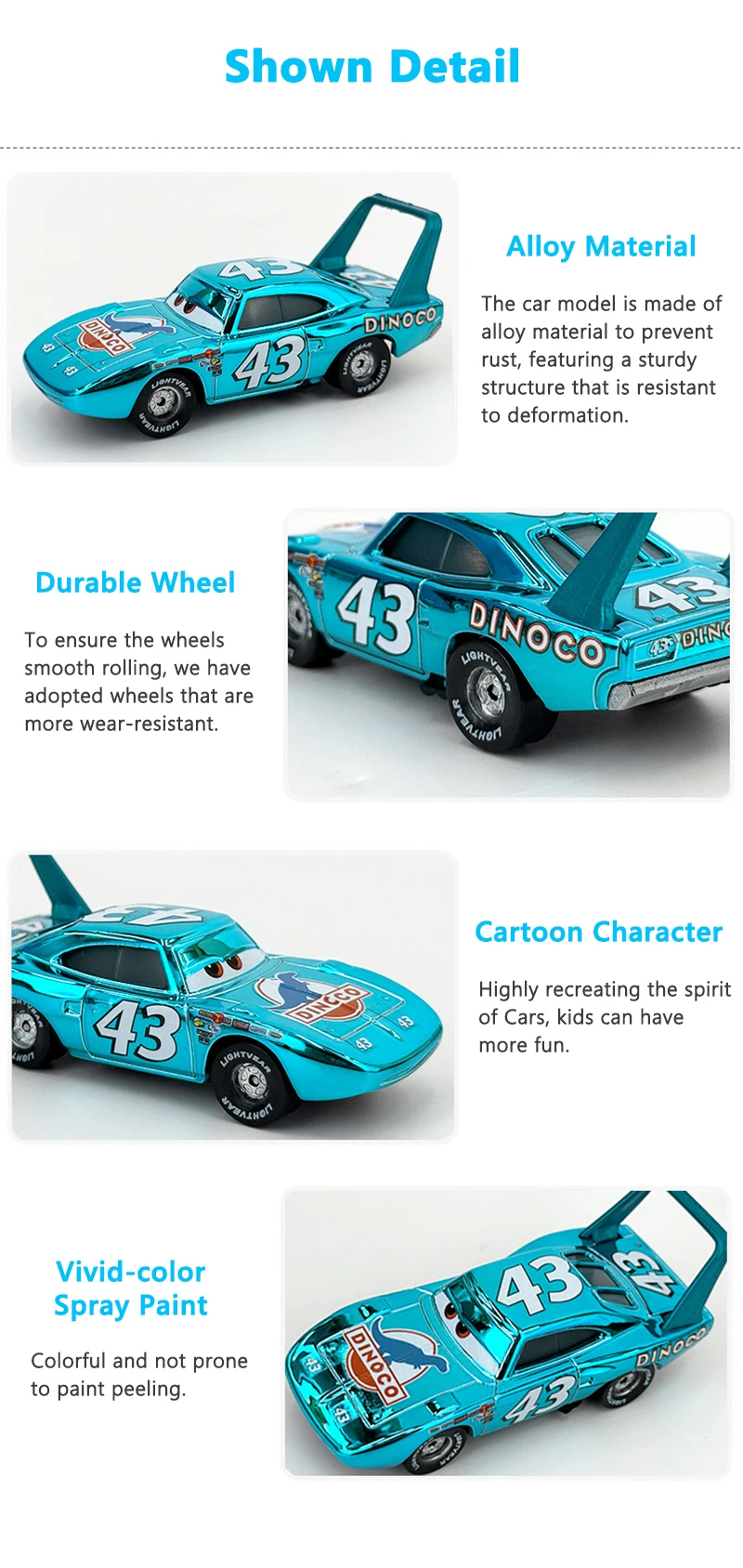 Pixar Cars Piston Cup Racer 43 Strip Weathers 1/55 Modell aus Metalldruckguss, Dinoco Car King Racing Toys, Kindergeschenke – Detail 4