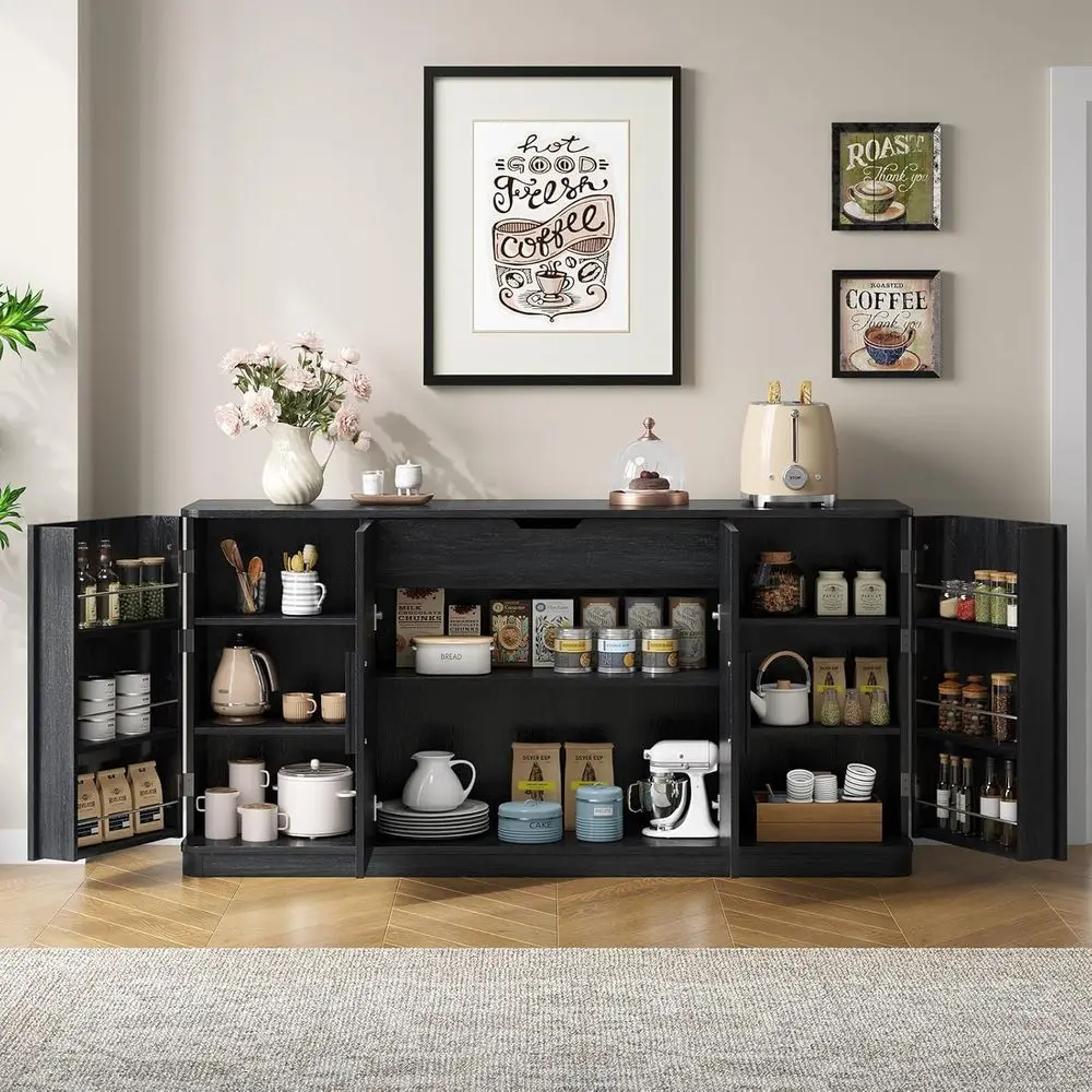 

63 Curved Buffet Cabinet with Storage, 4 Doors, Adjustable Shelves, Ideal for Coffee Bar, Dining, Living or Entryway (Black)