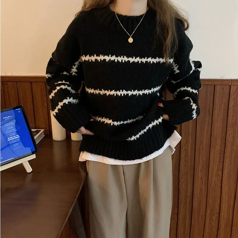 Lazy style round neck pullover sweater for women Korean style striped contrasting loose long-sleeved sweater top autumn y2k top