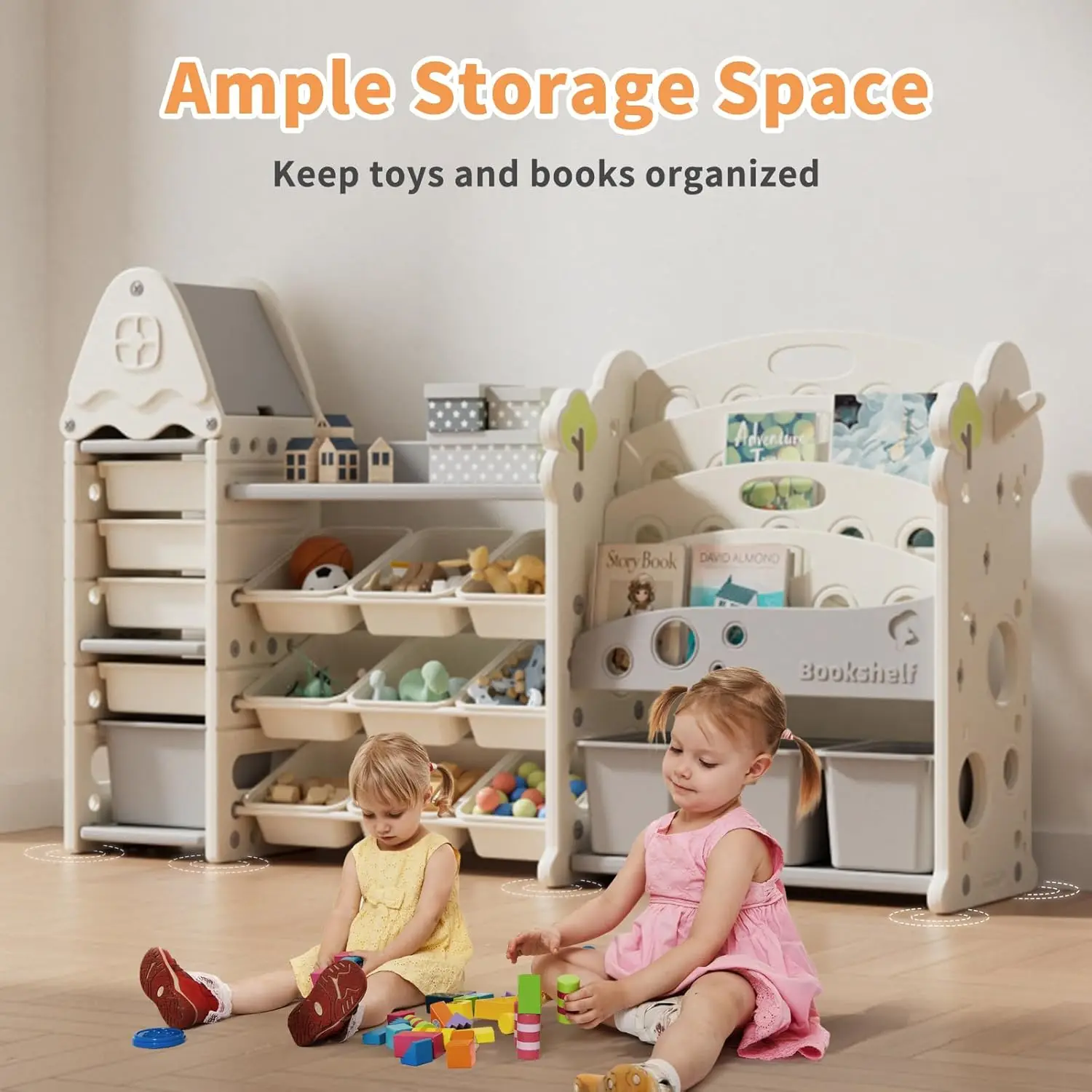 Toy Storage Organizer with 17 Removable Bins, 4-Tier Bookshelf for Kids, Multi-Purpose Castle-Shaped Toy Organizer for Playroom,