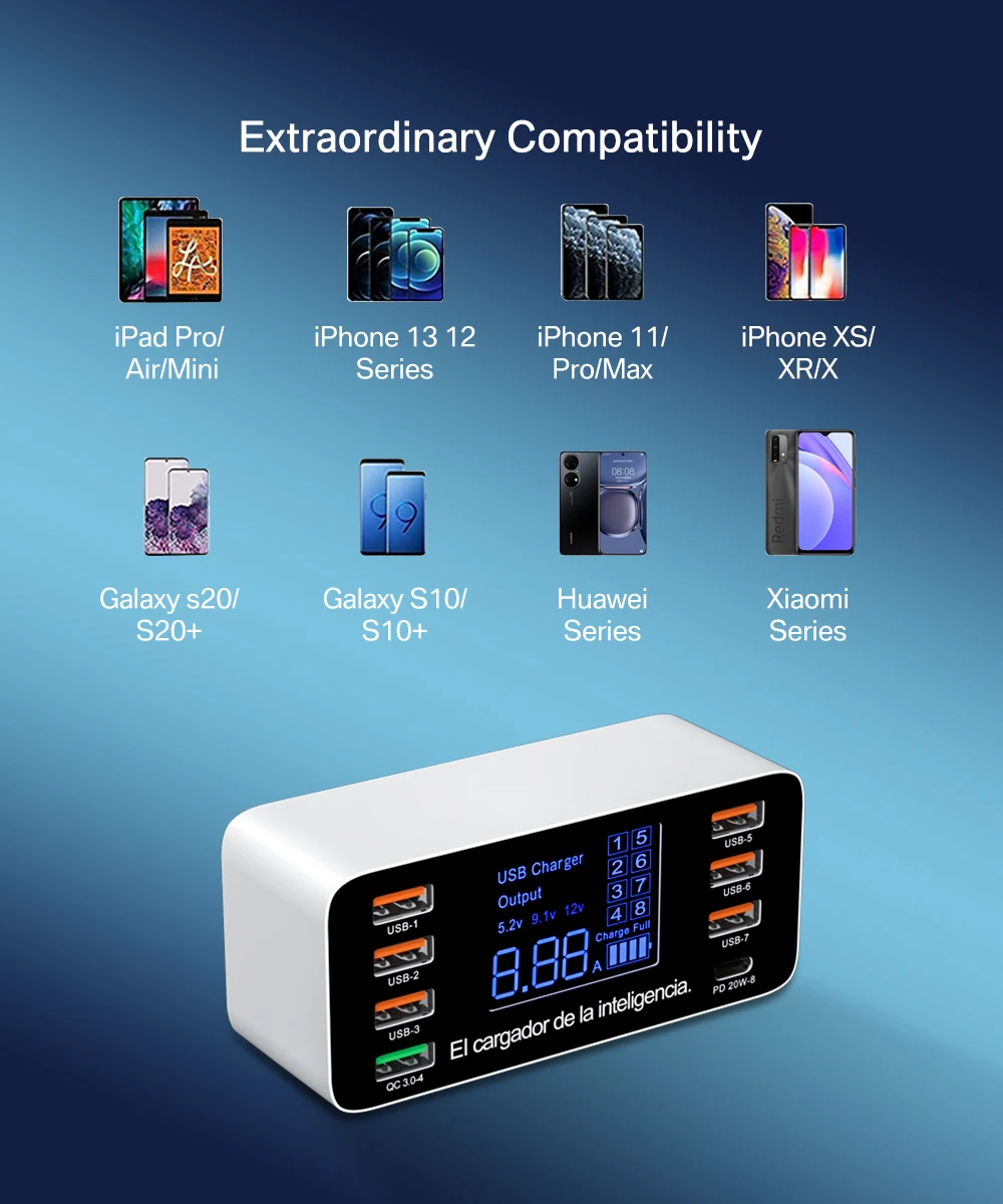 8 Ports USB Charger QC3.0 Quick Charge Phone Charger Adapter Type C 20W PD Fast Charger For iPhone 13 12 Samsung Xiaomi Huawei