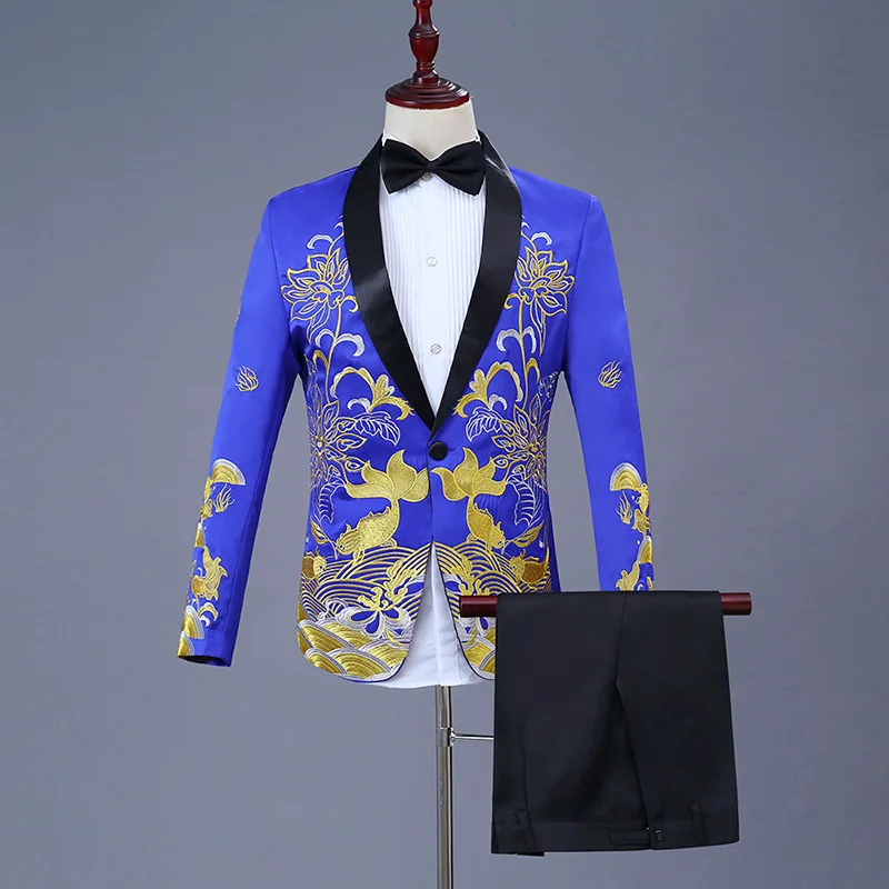 Fashion Men Business Embroidery Suit 2 Piece Black / Red / Blue Classic Male Wedding Dance Party Dress Blazer Jacket and Pants