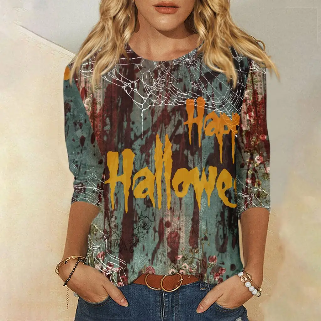 2024 New Women's Halloween Long Sleeve T-Shirt Spider Web Print Round Neck Casual Basic Loose Ladies Designer Tops