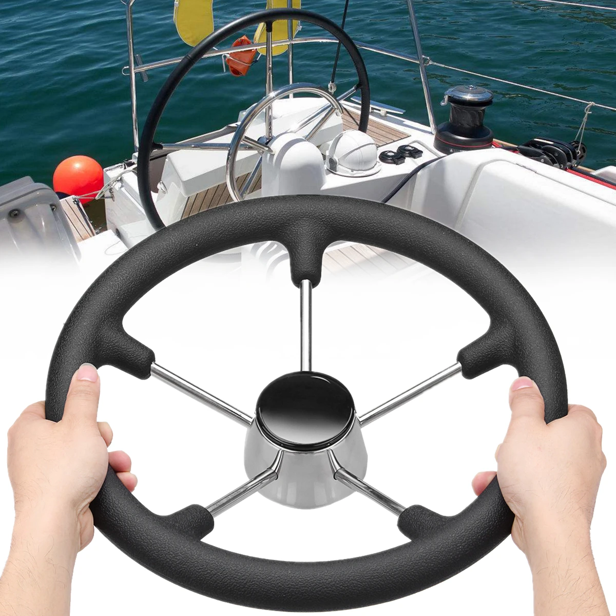 13-1/2 Inch Marine Steering Wheel Destroyer 5 Spoke With Black Foam Grip - Boat Fits standard 3/4