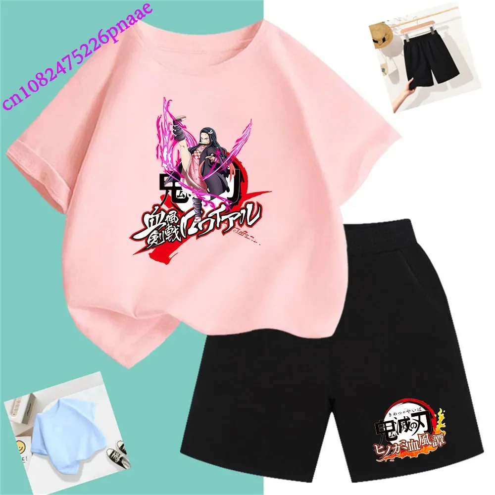 Demon Slayer t shirt Fashion Summerdress2024 Short Kid Short T-shirt Baby Tee Sets Fashion Casual O-neck Breathable KawaiiShorts