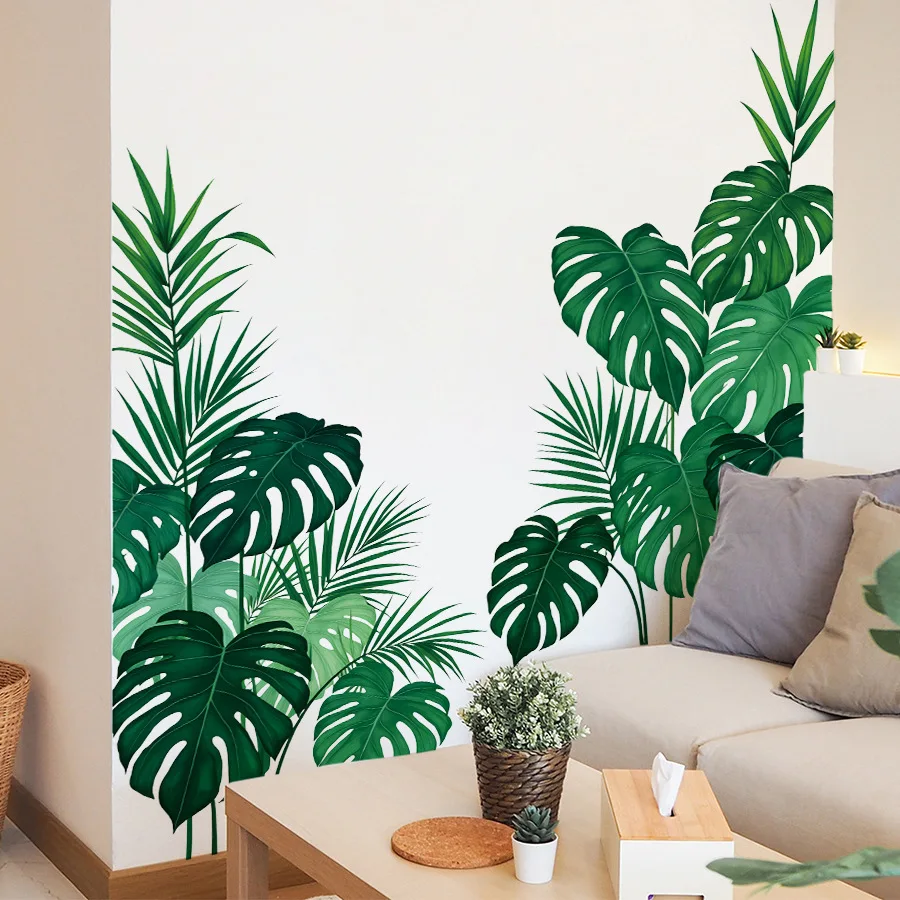 Large Nordic Green Leaf Wall Stickers for Living Room Bedroom Background Decor Waterproof Self-adhesive Sticker Home Decoration