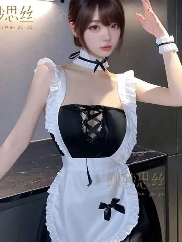 Sexy escote en V profundo ahueca hacia fuera el traje de sirvienta de encaje para mujer Cosplay babero con lazo tirantes de encaje sin espalda vestido sin mangas con escote en V profundo encantador DQLQ