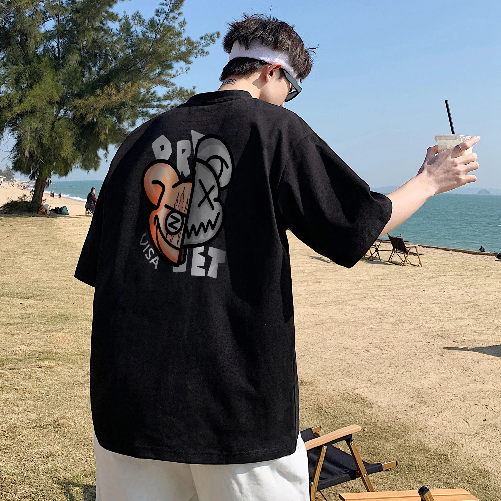 Penjualan Terlaris Musim Panas 2025 Pakaian Pria Wanita Uniseks Jepang Leher Bulat Longgar Trendi Pria Kualitas Tinggi Katun Cetak Beruang Menyenangkan