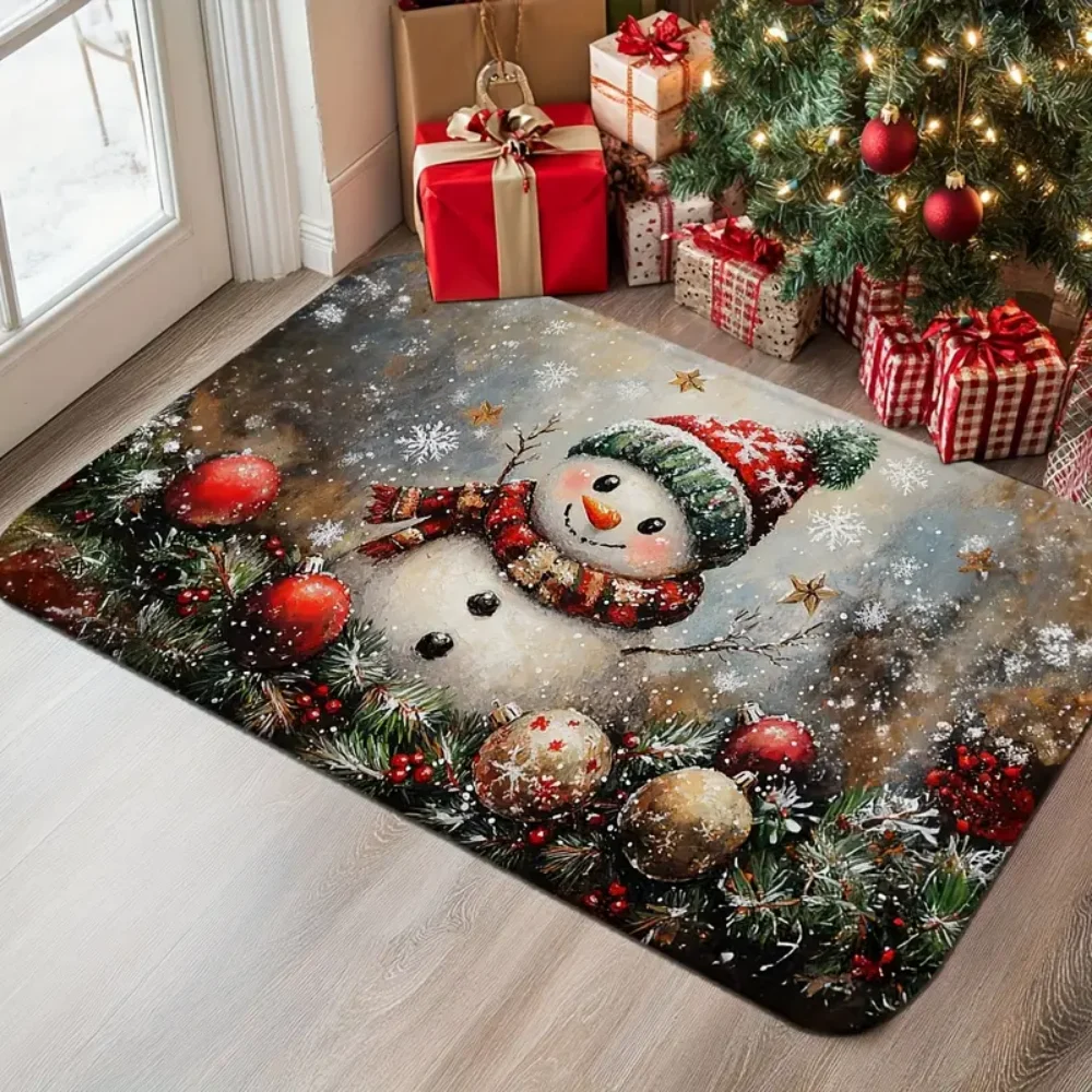 VIKAMA 1PC/2PC  Christmas Doormat Snowman Holly Berries Festive Holiday Entrance Mat with Snowflakes Machine Washable
