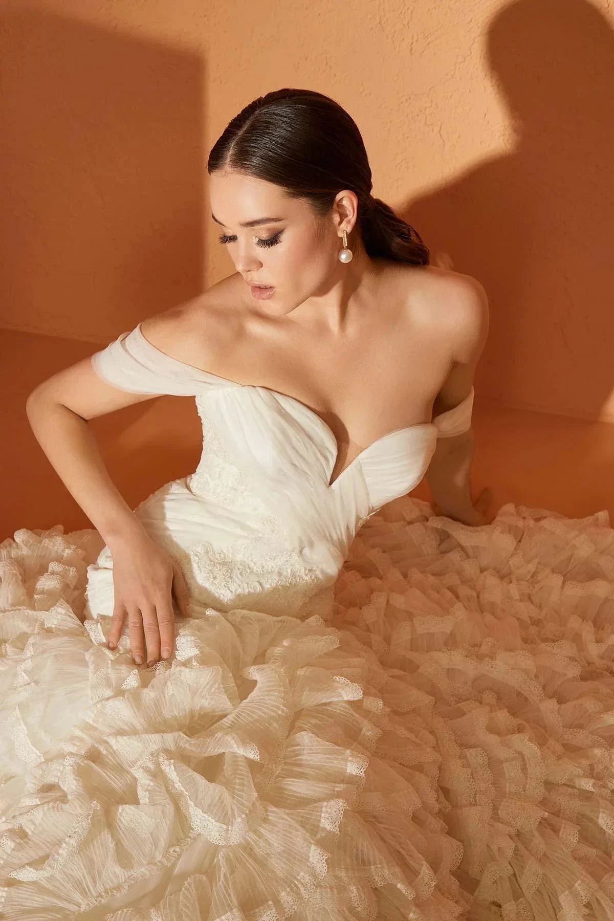 Romantic Off Shoulder Sweetheart Lace Mermaid Wedding Dress with Tiered Ruffle Tulle Skirt and Corset Custom Made D261682