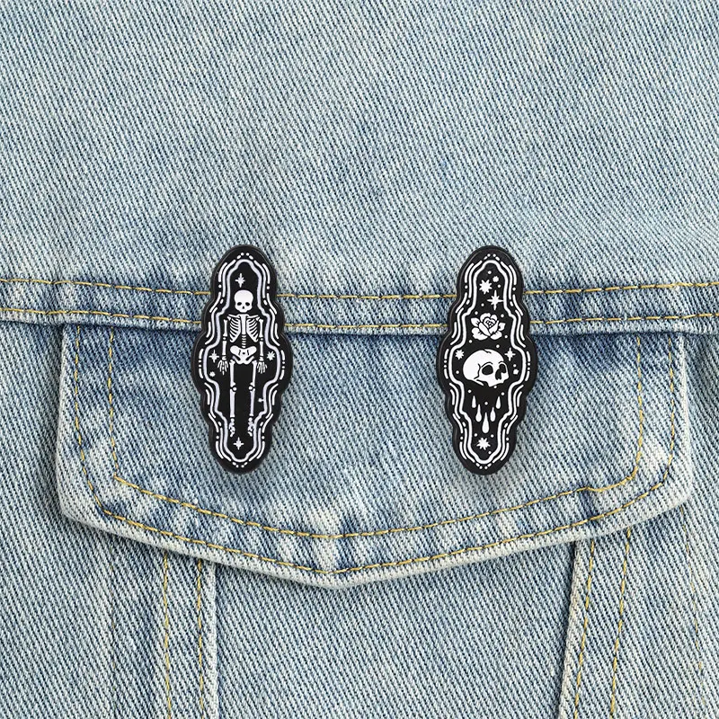 Gothic Coffin Skeleton Enamel Pins Rose Skull Brooches Dark Halloween Lapel Badge Punk Spooky Jewelry Accessories Gift