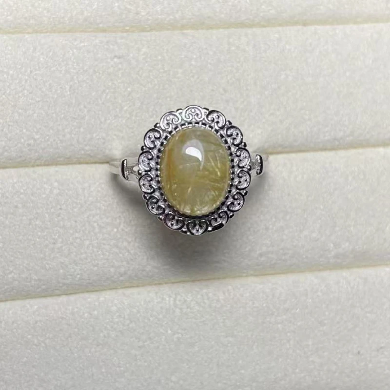 

925 sterling silver 7x9mm AKAC natural golden rutile quartz adjustable ring