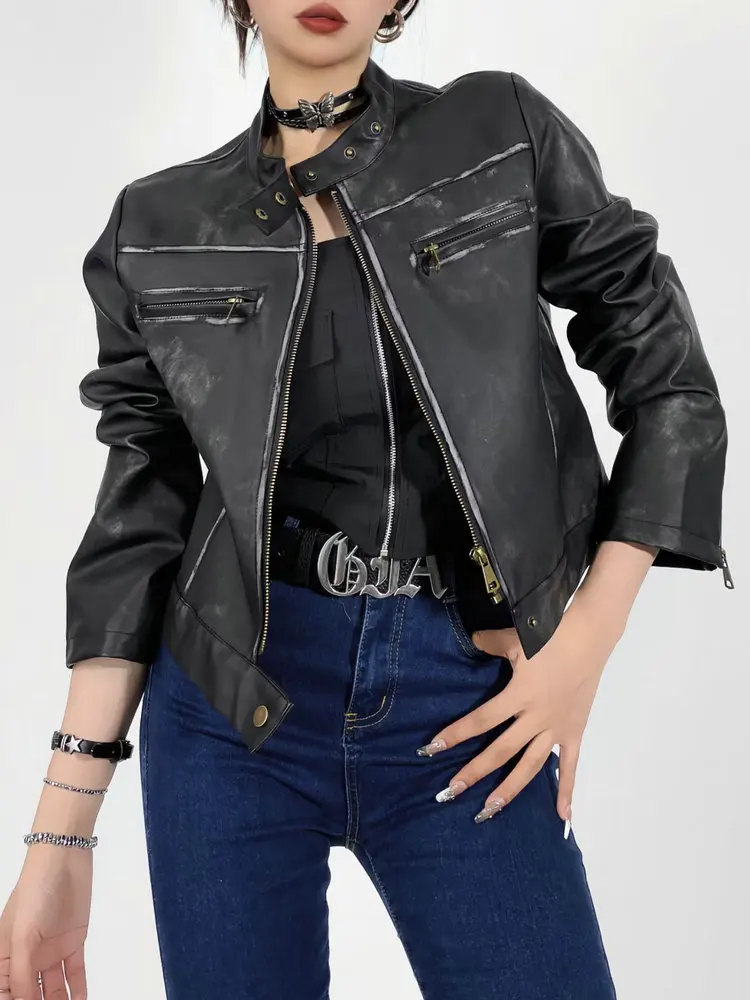 2023 New Autumn Winter Women Retro Bomber Washed Faux Leather Jackets Lady Vintage Short Slim Black PU Motor Biker Zipper Coats