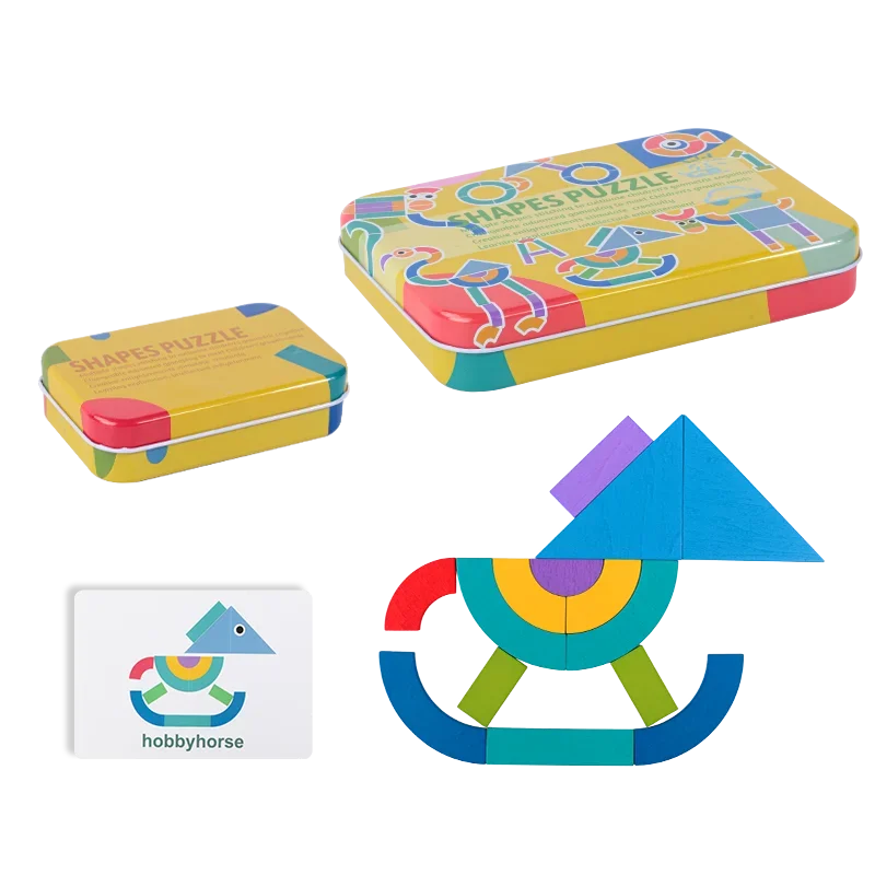 لغز الأشكال الهندسية خشبية للأطفال التعلم المبكر المعرفي مطابقة التنوير اللعب القصدير صندوق Tangrams