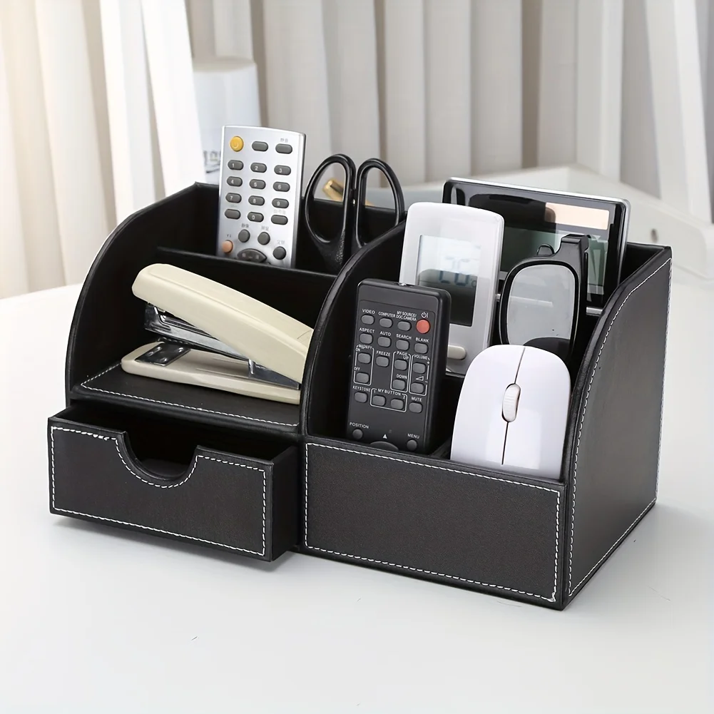 PU Half Leather Desktop  Pen Holder Remote Control  Box With Small Drawer