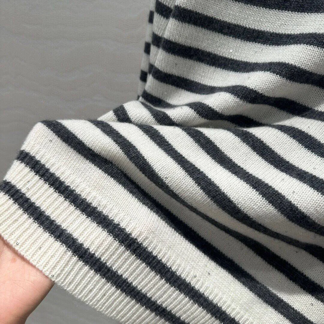 2024 New Autumn Fashion Luxury 100% Cashmere Knitted Pullover Women O-neck Long Sleeve Contrast Stripe Casual Loose Soft Sweater