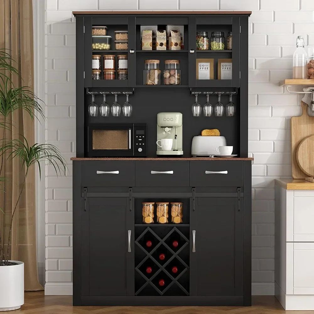 72" Bar Cabinet with Sliding Barn Doors, Kitchen Pantry Storage Cabinet with Wine&Glass Racks, Hutch Buffet Cabinet with Drawers