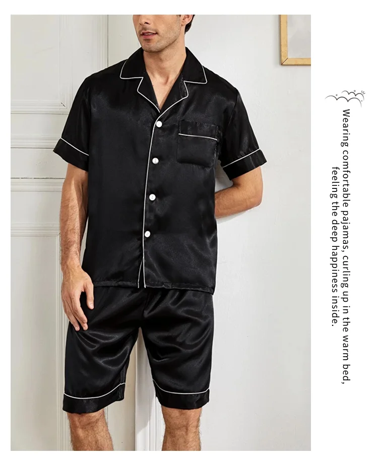 Herren-Pyjama-Set aus Satin, kurzärmelig, Sommer-Nachtwäsche für Herren, Button-Down-Hemd und Shorts mit elastischer Taille, Pyjama, Heimkleidung, 2-teilig – Detail 14