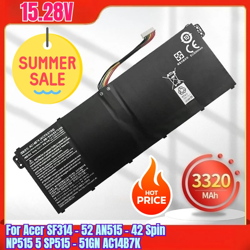 

15.28V 3320mAh Laptop Batteries for Acer SF314 - 52 AN515 - 42 Spin NP515 5 SP515 - 51GN AC14B7K