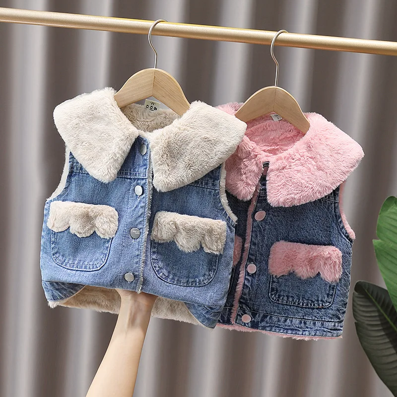 1-8Y Girls Denim Vest Waistcoat Teens Kids Thickened Warm Velvet Cotton Pocket Tops Jacket Outwear for Children's Clothing