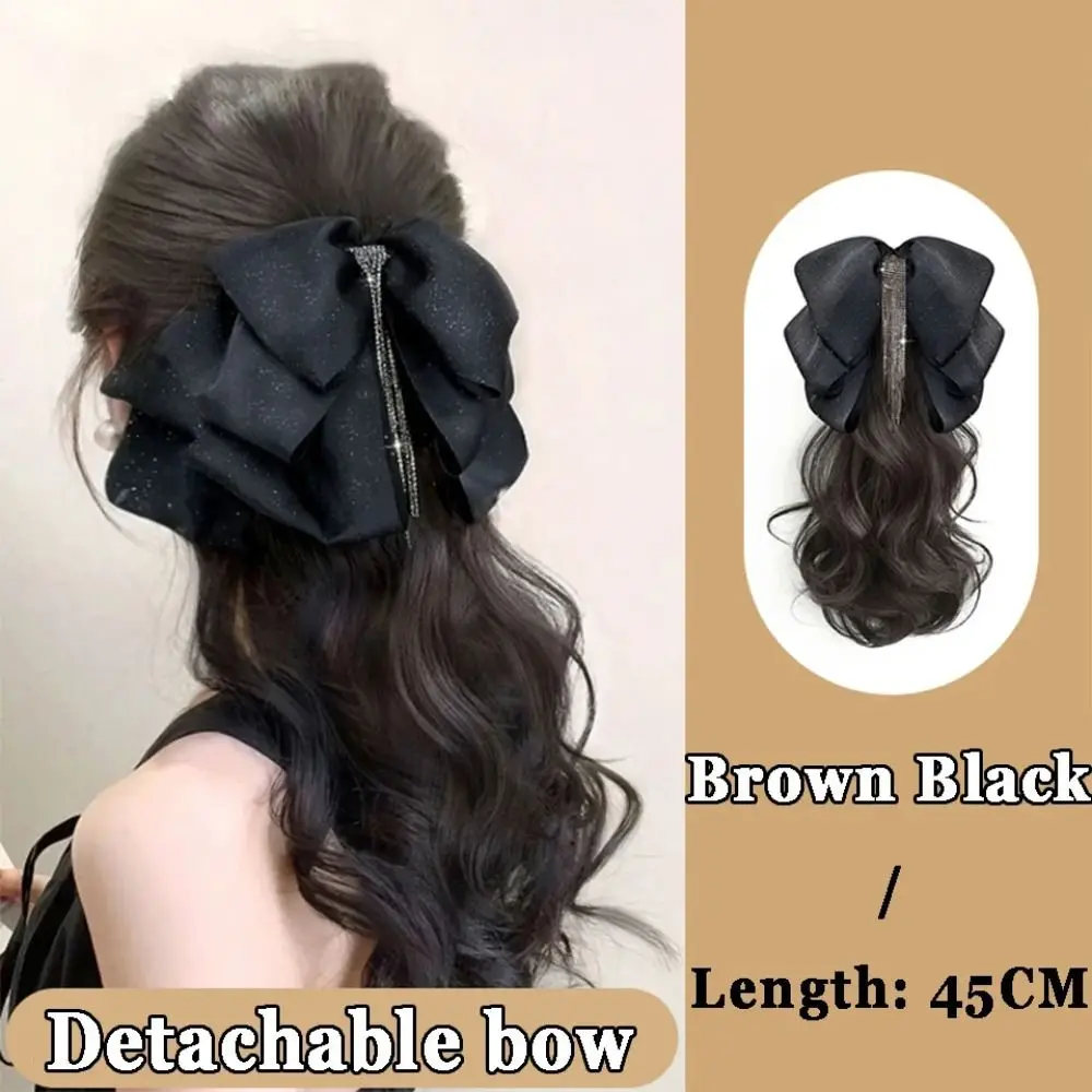 Tassel Bow Claw Clip Kucyk Temperament Lekko kręcone włosy Naturalne żaroodporne włókno chemiczne Peruka Kucyk